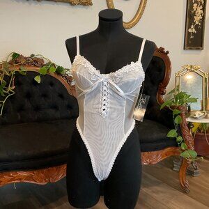 Vintage Escante lingerie Lace Teddy Bodysuit Corset Bow High Leg Size S White
